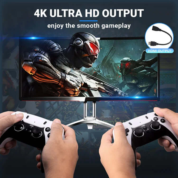 Two gamers holding controllers with a 4K UHD monitor displaying action gameplay.
