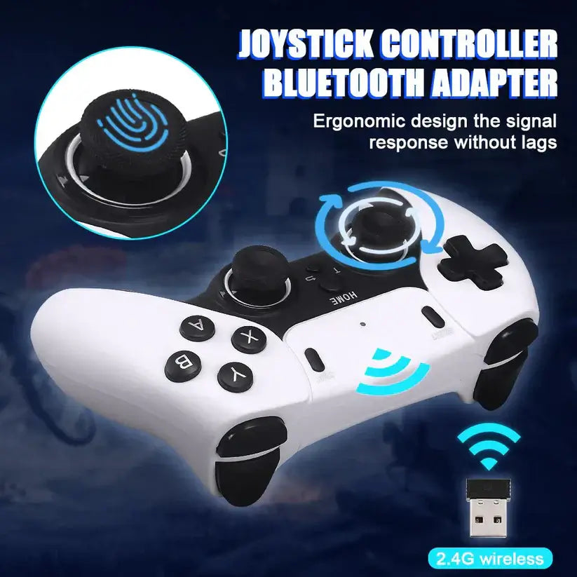Wireless joystick controller with Bluetooth adapter, featuring an ergonomic design for lag-free gaming.
