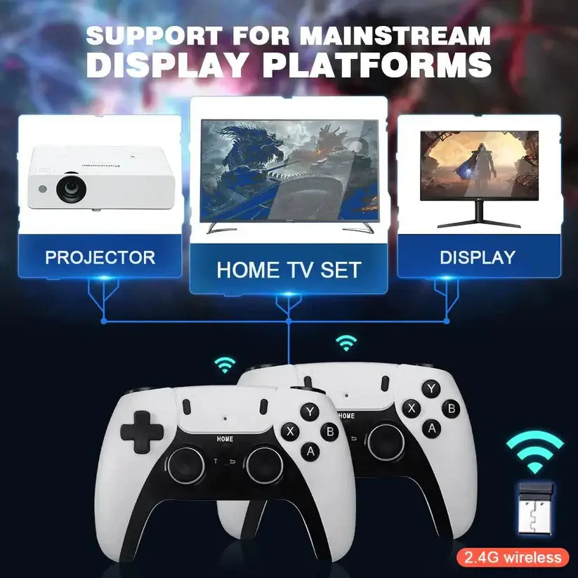 Wireless controllers connecting to projector, TV set, and display, showcasing versatile gaming options.