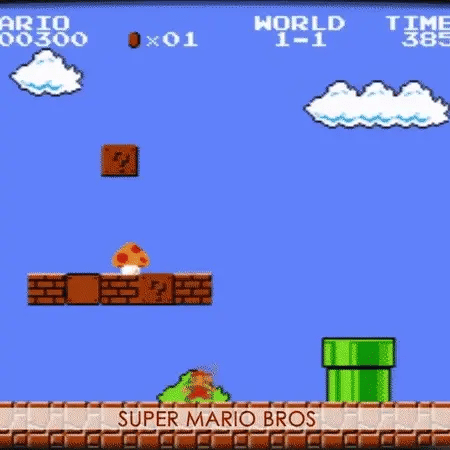 Classic Super Mario Bros gameplay featuring Mario, bricks, a mushroom, and a green pipe in World 1-1.