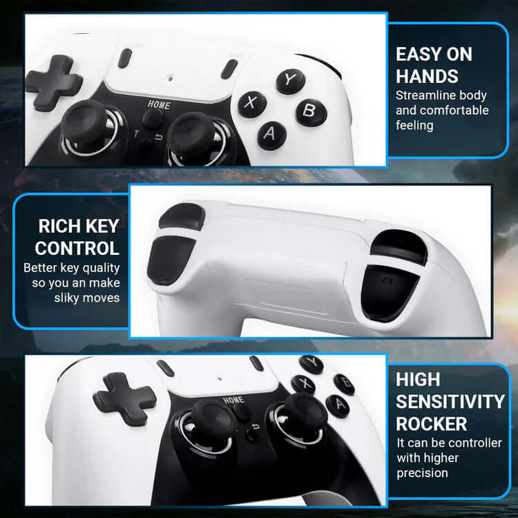 Close-up of a gaming controller showcasing its ergonomic design, key features, and high sensitivity controls.
